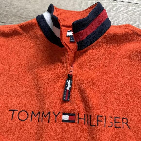 Vintage Tommy Hilfiger Orange Polar Fleece Quarter Zip XL Logo Embroidered Y2K - Picture 3 of 10